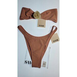 SAME Los Angeles Rosette Bandeau Bikini Set Faux Suede Pink Size Large  NWT